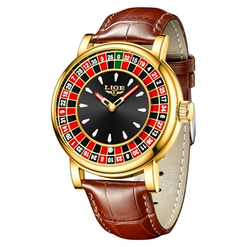 SACOSDING Roulette Wheel Watches for Men with Ball 45MM Big Face Quartz Analog Casino Themed Watch 3ATM Waterproof Glowing Brown Leather Mens Wrist Watches Casual Dress Relojes para Hombres