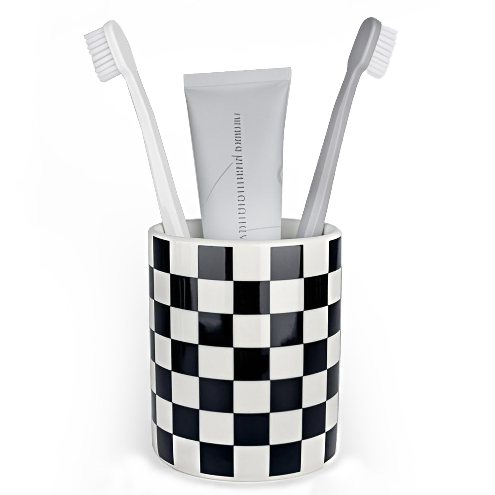 Tooth Brush Holder for Bathroom, Countertop Toothbrush Holders for Bathrooms, Modern Cute Black and White Bath Room Cups, Ceramic Toothbrush and Toothpaste Dispenser, Checkered Bathroom Decor
