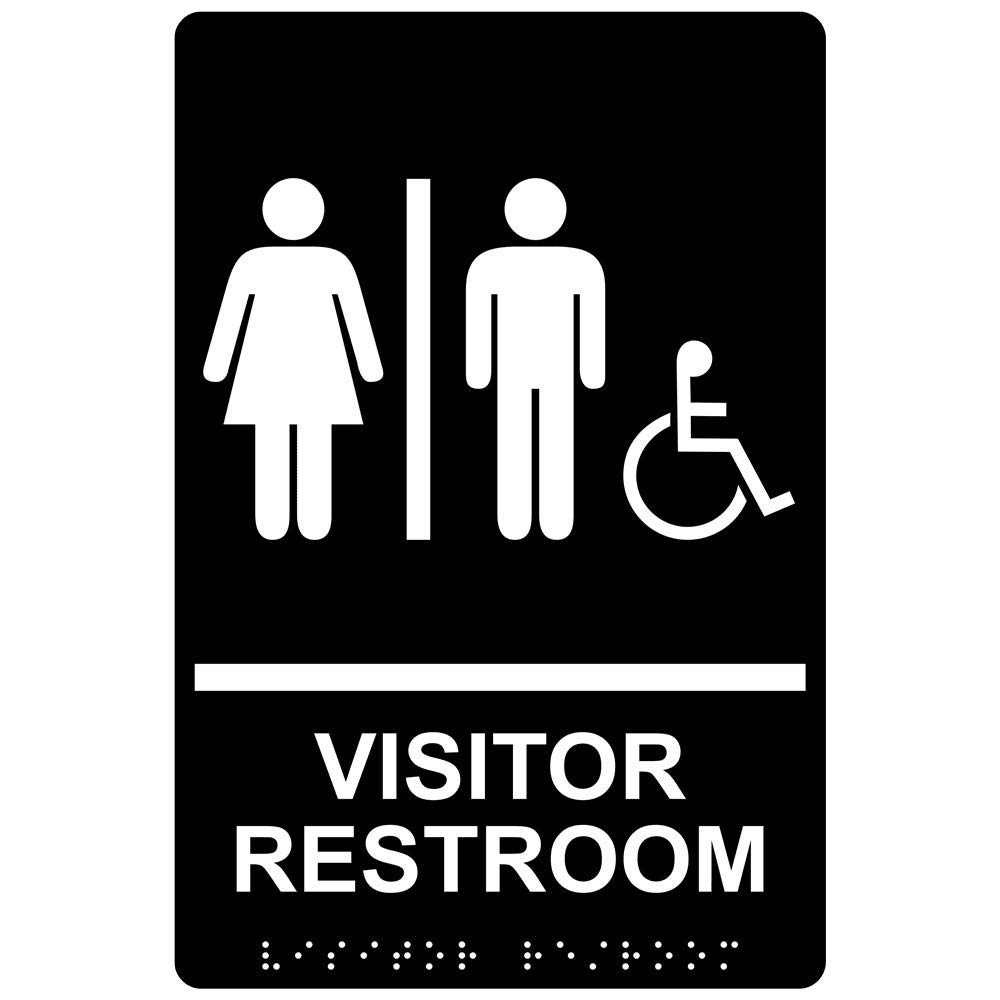 ComplianceSigns.com Visitor Restroom Sign, ADA-Compliant Braille and Raised Letters, 9x6 in. White on Black Acrylic with Adhesive Mounting Strips