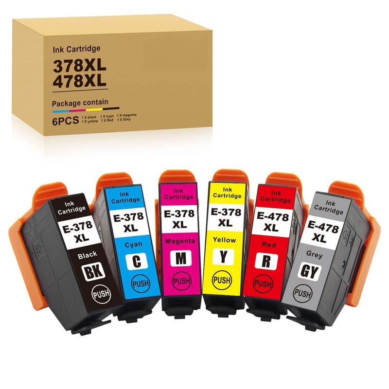 JoyPrinting 378XL 478XL Ink Cartridge Compatible 378 478XL Ink Cartridges Replacement for Expression Photo XP-15000 C13T379D4010 (Black Cyan Magenta Yellow Red Grey 6 Pack)