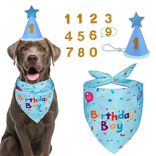 Dog Birthday Party Supplies, Dog Birthday Bandana Set, Dog Boy Girl Birthday Party Hat with Numbers for Large Medium Small Dogs Pet (Blue)