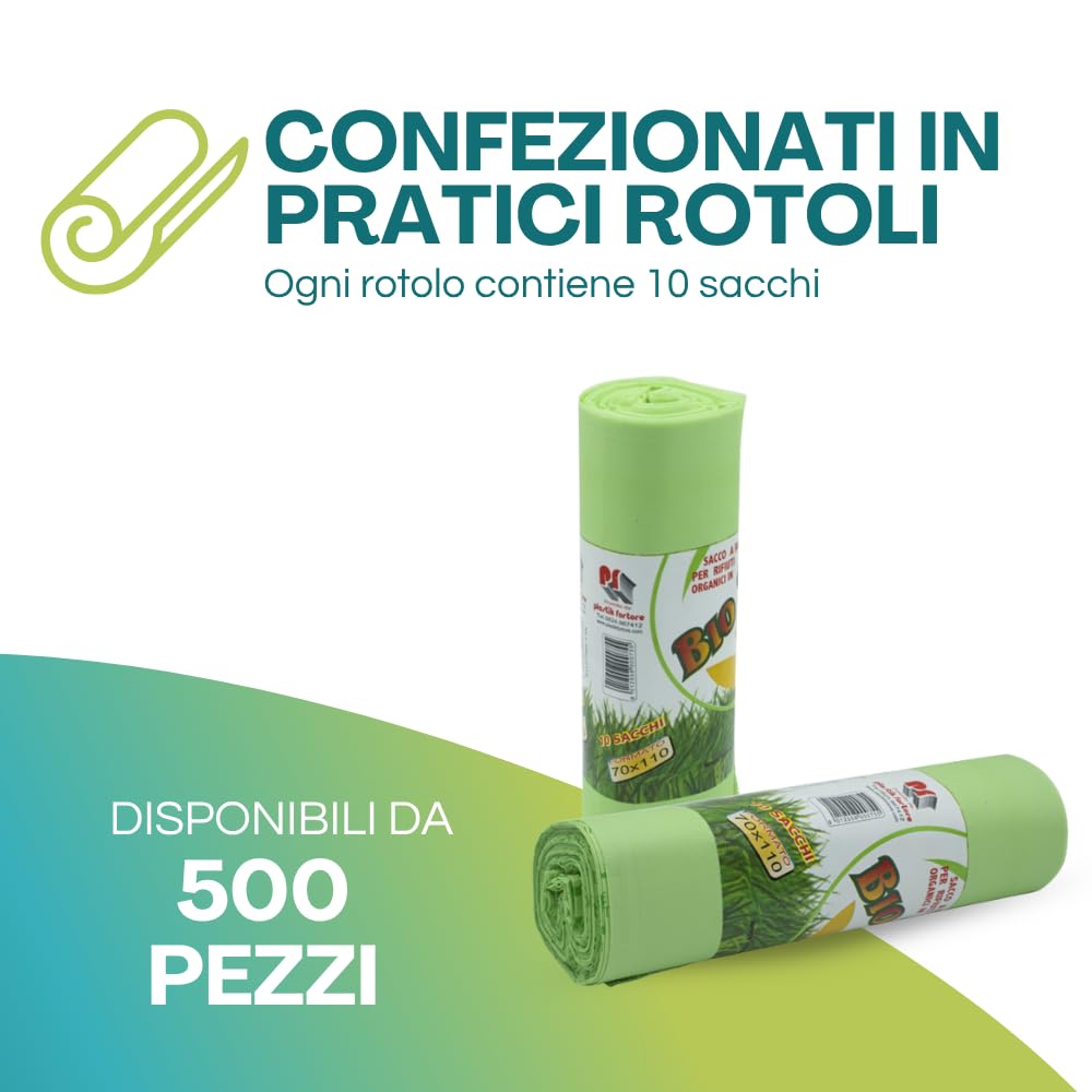 Virsus 500 Sacchi Raccolta Umido e Organico cm 50x60 Capacità 30 Litri biodegradabili e compostabili sacchetti piccoli spazzatura Bio