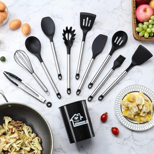 38 Pieces Kitchen Utensils Set, BEWOS Silicone Cooking Utensils Set with Spatula, Utensil Holder and Measuring Spoons, Nonstick Heat Resistant, Black Kitchen Gadgets, Stainless Steel Handle - Image 4