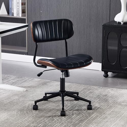 Fashionom Modern Walnut Home Office Chair，Adjustable Height Desk Chair with Wheels，Armless Computer Chair for Office, Reading Meeting Room, Black