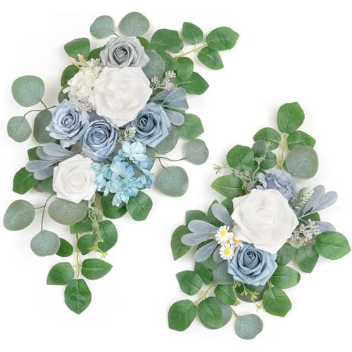 JUNENTER ウェディングアーチ造花 2個パック 20 x 12インチ ウェディングウェルカムサイン 花飾り 結婚式披露宴背景装飾 ローズフラワーアレンジメント 屋内屋外兼用造花スワッグ (レッド)
