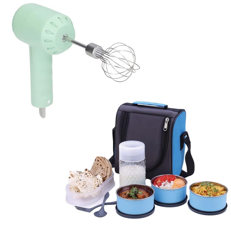 Drumstone 𝐂𝐨𝐦𝐛𝐨 C1292 Electric Cordless Hand Mixer Small Household 3 Speed Changing Whisk for Kitchen Baking & 4 in 1 Stainless Steel Lunch Box with Bag 3 Container, 1 Casserole Set-image-28