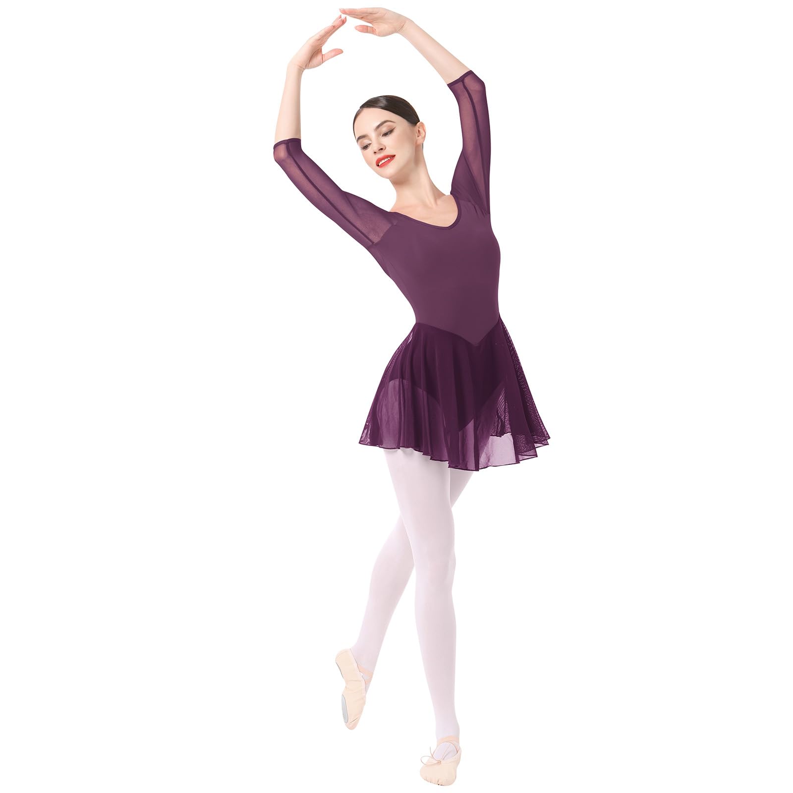 AFAVOM Ballet Leotards for Women Ballet Dance Dress Adult Lyrical Dance Costume Sheer Mesh Sleeves Skirted Leotards Elegant Classic Gymnastics Leotards Bodysuit Ballerina Dancewear Dress Purple M
