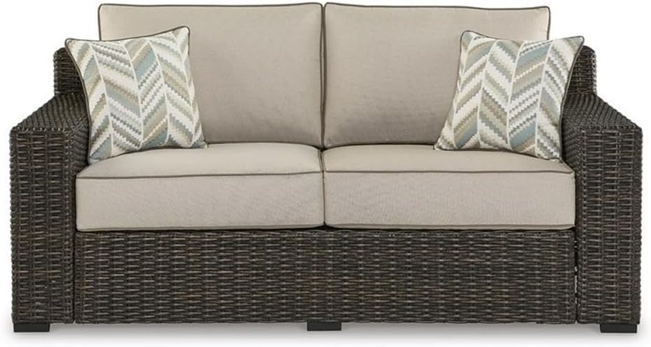 BOWERY HILL Coastal Outdoor Loveseat, Resin Wicker and Rust-Free Aluminum Frame, Brown Finish with Beige Cushions, Weather Resistant, UV Fade Resistant, Includes 2 Throw Pillows, 71 in Wide for Patio