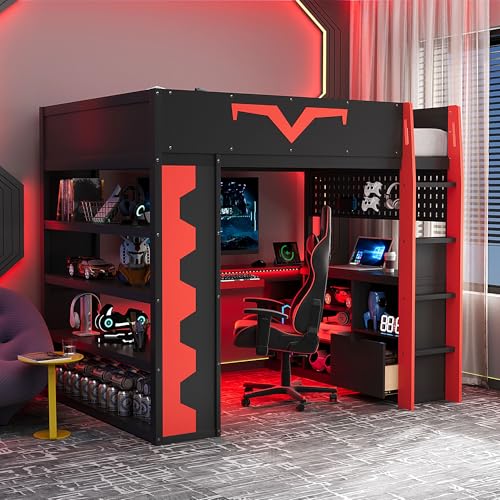 Merax Full Size Loft Bed with Desk & RGB Lights Wooden Pro-Gamer Bed with Power Outlet Large Bookshelf Pegboard Keyboard Tray & Storage Drawer