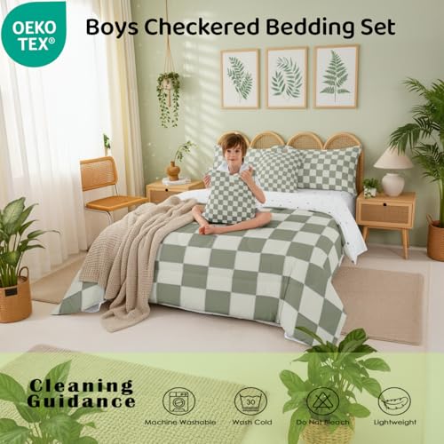 Image of Erosebridal Plaid Full Comforter Set 7 Piece Beige Sage Green Checkerboard Bed in A Bag with Sheets Geometric Checkered Bedding Set for Kids Boys Girls,Aesthetic Grid Bed Set