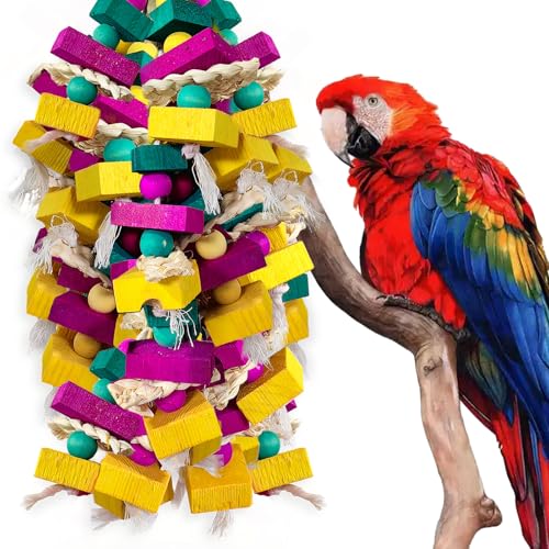 WQY GroceryShop Large Bird Toys, Multi-Color Wooden Block with Bamboo Support Bird Chewing Toy Parrot Cage Bite Toy for Macaws Cokatoos African Grey and Large Medium Parrot Birds