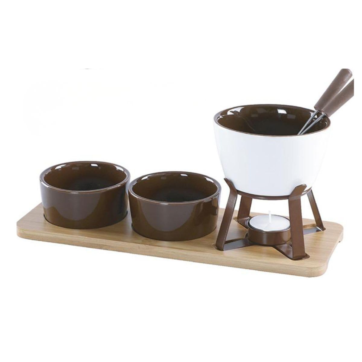 Aparelho De Mini Fondue Completo Em Cerâmica E Inox Com Base De Bambu