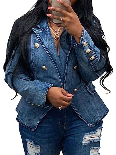Angsuttc Blazers for Women Business Casual Denim Long Sleeves Lapel Double Breasted Jacket