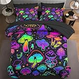 WeCozy 7 Pcs Queen Size Comforter Set with 2 Pillowcases & 2 Shams, Colorful Neon Mushroom Bedding for Kids and Adults, Summer Purple Plant Bed in a Bag with Flat Fitted Sheet