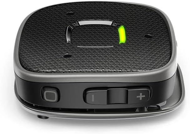 Close-up view of the Wi dex Sound Assist device showing the power button, volume controls, and indicator lights.