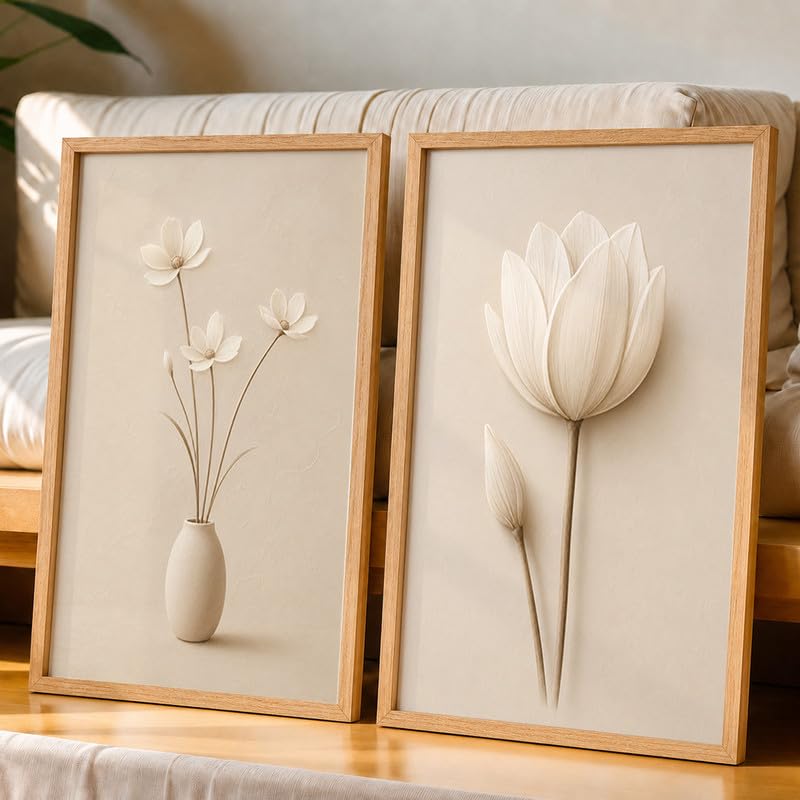 Image of NoWorries Minimal Lotus Flower Wall Painting Set of 2 with Frame | Soft White Floral & Vase Botanical Artwork, Neutral Beige Nature Wall Decor for Living Room, Bedroom, Office and Home Decoration (Art-5, 21x31inch)