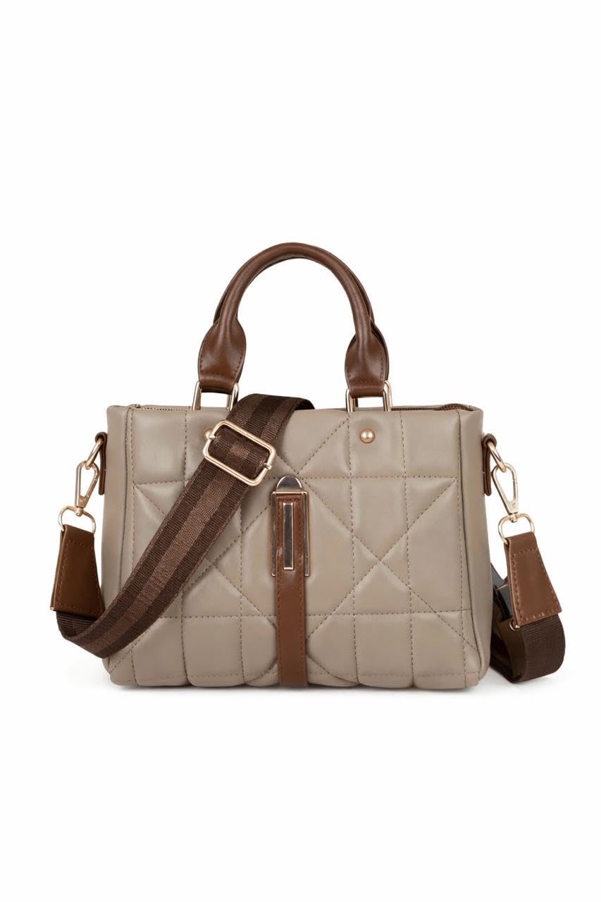 Quilted Handbag for Women, PU Leather Satchel Tote Bag with Adjustable Shoulder Strap, Brown, Medium Size, Lightweight-image-49