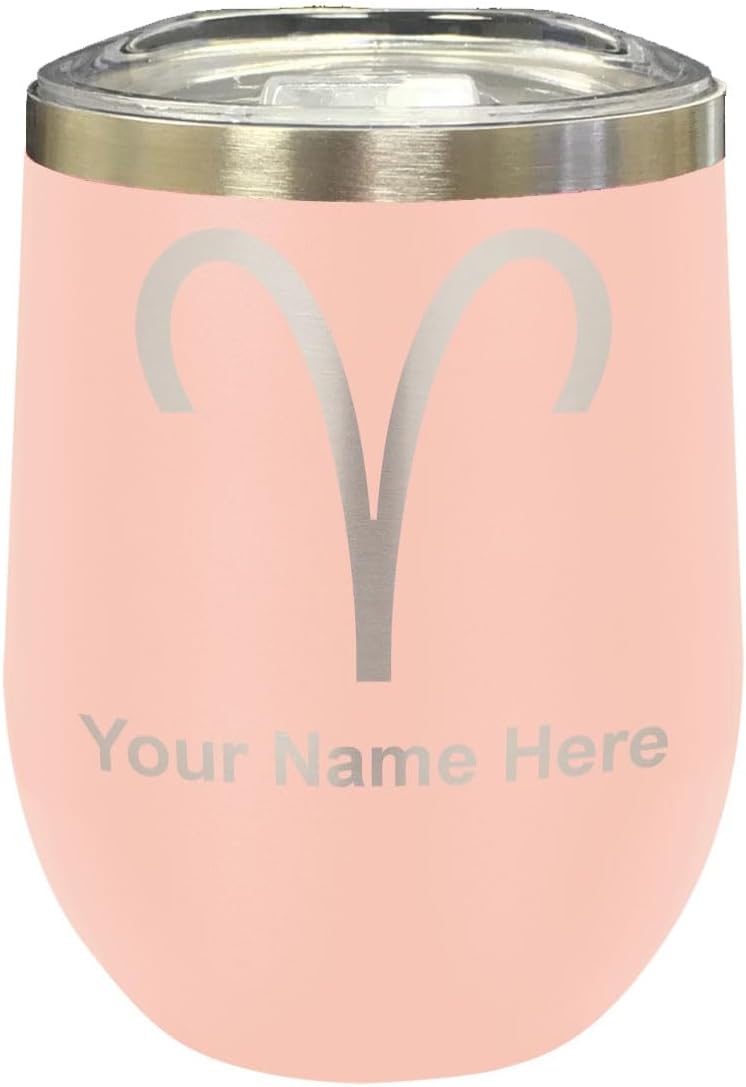 LaserGram 16oz Double Wall Stainless Steel Wine Glass Tumbler, Zodiac Sign Aries, Personalized Engraving Included (Black)
