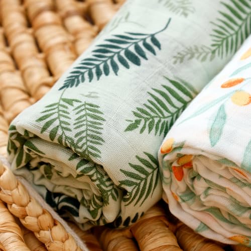 Image of Muslin Swaddle Blankets for Baby Boys and Girls,3 Pack Breathable Soft Receiving Blanket,Large 43.3X 43.3 inches,Newborn Essentials Must Haves (Leaves)