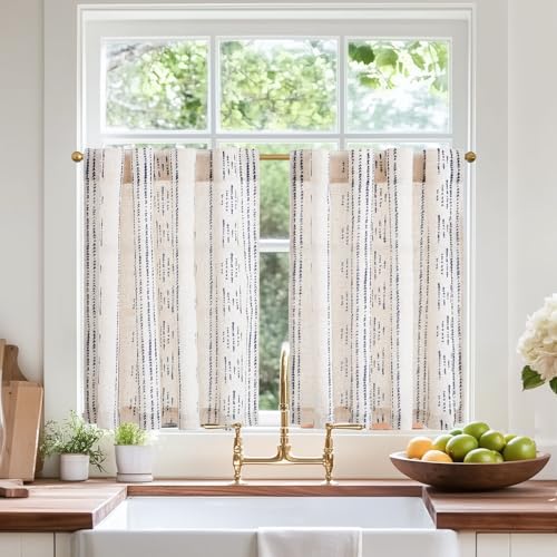 jinchan Boho Kitchen Curtains Linen Cafe Tier Curtains 36 Inch Bohemian Geometric Striped Mudcloth Small Window Drapes for Living Room Bathroom Cabinet Light Filtering Back Tab 2 Panels Blue on Flax