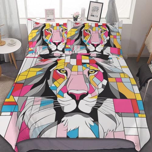 ZGDPBYF Conjunto de colcha Queen geométrico animal leão, conjunto de cama Queen psicodélico geométri