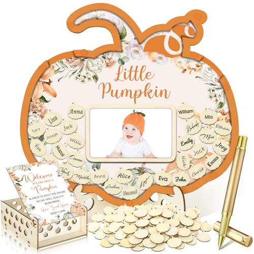 Image of Wenqik 63 Pcs Little Pumpkin Baby Shower Guest Book Alternatives Set Baby Shower Decorations with Photo Frame Sonogram Frame Keepsake 60 Wood Slices Guest Book for Birthday