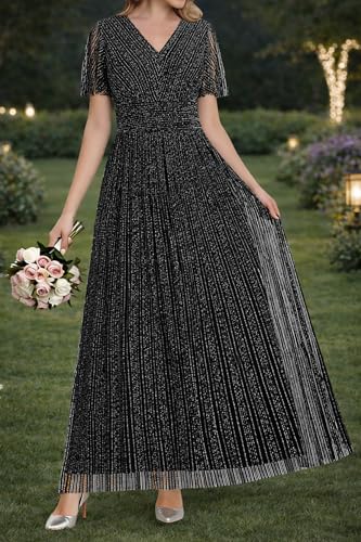 Image of Pinup Fashion Plus Size Formal Evening Glitter Prom Wedding Guest Dress | Silver thread straight knit, v-neck, empire waist, back zipper, a-line, maxi long, perfect for evening party, wedding guest