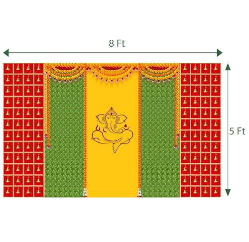 Image of Dhara Sacred Ganesha with Hanging Bells Backdrop - 8ft x 5ft, Premium Polyester Fabric, Ideal for Pooja, Religious Ceremonies, andbackdrop Cloth for Decoration Pooja
