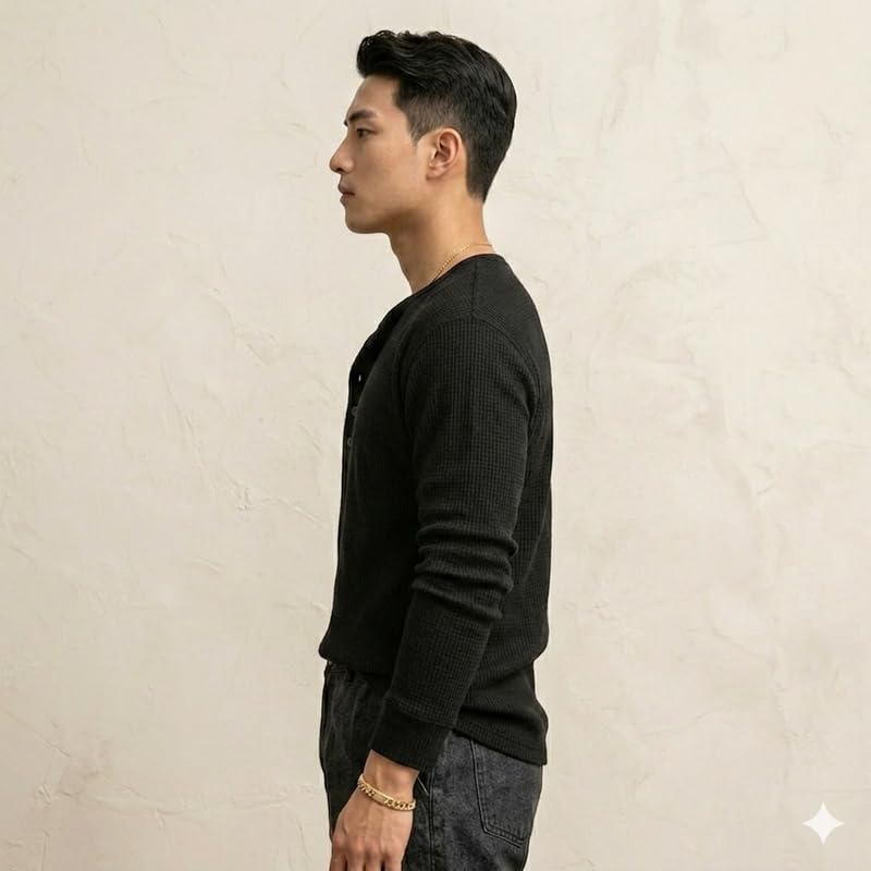 Image of Imsa Moda Men's Textured Fabric Solid Half-Open Collar T-Shirt | Full Sleeve Casual Shirt for Men | Comfortable Fall Wear