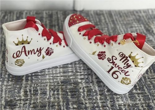 Sweet 16 Sneakers Sneakers - Birthday 16 personalized Shoes withCrown and Roses - Zapatillas de 16 Red and Gold Customized Shoes - Dancing 16th Party (5)2