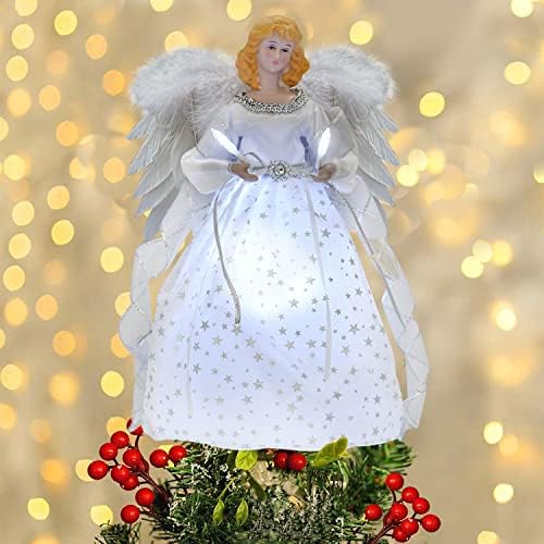 Christmas Angel Tree Topper with White Feather Wings,Christmas Tree Topper with Light for Tree Toppers Ornament Decoration(Silver)