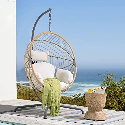 Patiorama Indoor Outdoor Egg Swing Chair With Stand, Oversized Cocoon-Shaped Rope Woven Hanging Chair, Cushion,Safety Strap,Patio Wicker Foldable Hammock Chair For Porch,Garden,Bedroom (Creamy White) #TOP7