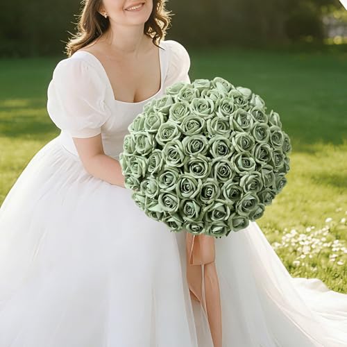 Image of INSPRING 50 PCS Green Roses Artificial Flowers with Long Stems | Real Looking, Fake Roses, Silk Flowers, DIY Bouquet, Wedding Party Celebration Home Bridal Decoration Gift, for Her Wife