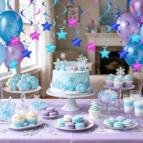 Image of BEISHID Blue Purple Pre-Strung Stars Hanging Swirls Stars Hanging Decorations for Baby Shower Winter Holiday Frozen Birthday Party Decorations Supplies,Pack of 15