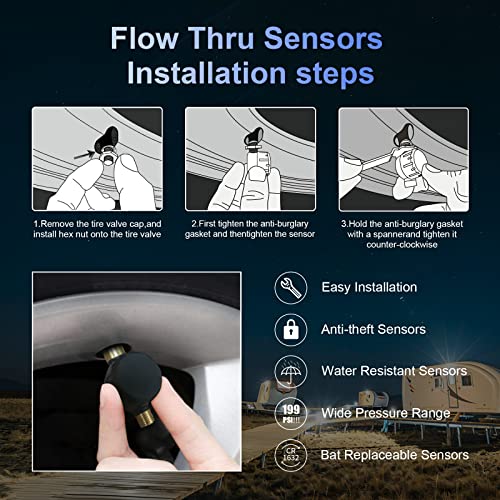 Easesuper Rv Tire Pressure Monitoring System, Large Screen Rv Tpms With 6 Flow Thru Sensors(0-199Psi) & Repeater,7 Alert Modes & Real Time Display Pressure&Tempereture, Auto Sleep,For Trailer,Truck #TOP5