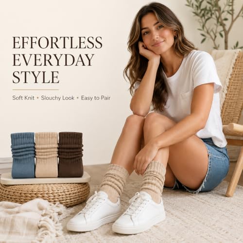 Image of 3 Pairs Slouch Socks for Women & Men, Ribbed Scrunch Crew Socks | 3-pair cotton-rich ribbed slouch socks for women and men, thick scrunch crew socks for boots, sneakers and lounging.