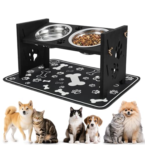 JETHMA Raised Dog Bowls with Splash-Proof Mat Adjustable Solid Wood Elevated Pet Feeder Stand 15 Tilted Anti-Vomit Feeding Station with 2 Stainless Steel Bowls for Small to Medium Dogs & Cats