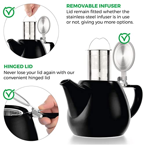 Tealyra - Jove Porcelain Large Teapot Black - 34.0-Ounce (3-4 Cups) - Japanese Made - Stainless Steel Lid And Extra-Fine Infuser To Brew Loose Leaf Tea - 1000Ml #TOP1