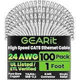 GearIT 100-Pack, Cat 6 Ethernet Cable Cat6 Snagless Patch 1 Foot - Snagless RJ45 Computer LAN Network Cord, White - Compatible with 5 Port Switch POE 5port Gigabit