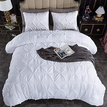 3Pcs Pinch Pleated Comforter Set, King/Cal-King Size 94" x 104" Inch - 100% Microfiber with 400 GSM Soft & Breathable Comforter - White Solid