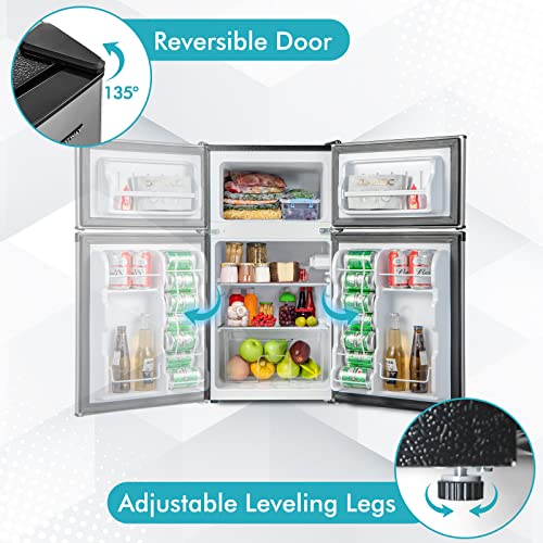 Costway Compact Refrigerator, 3.2 Cu.ft. Fridge Freezer Compartment With Reversible 2 Door, Adjustable Thermostat, Removable Glass Shelves, Mini Refrigerator For Bedroom Dorm Apartment Office, Silver #TOP5