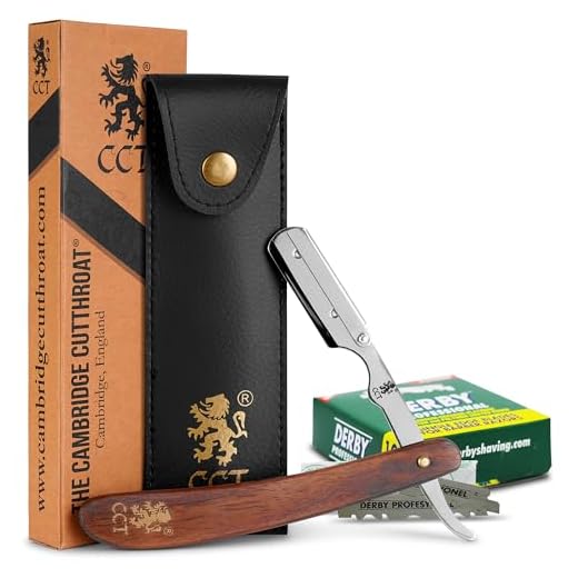 The Cambridge Cutthroat® Straight Edge Razor Kit with 10 Blades Missanda Hardwood & Stainless Steel Professional Barber Cut Throat Razor, Premium Mens Single Blade Razor Shaver, Moustache & Beard Shaper Trimmer, Leather Travel Pouch Included
