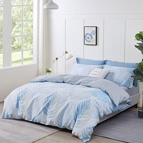 Saphreas Leaves Pattern Duvet Cover Sheet Set King Size Cotton 4 Pcs Light Blue Bedding Comforter Cover Set With Zipper Closure 1 Duvet Cover 1 Fitted Sheet 2 Pillow Shams #TOP1