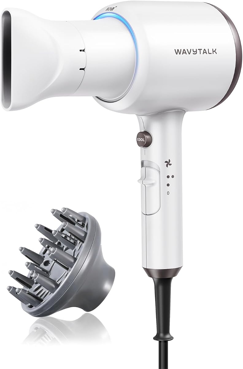 Wavytalk Hair Dryer with Diffuser, Blown Away Ionic Hair Dryer for Curly Hair, 1875W Fast Drying Blow Dryer with Ceramic Technology, 3 Attachments for All Hair Types, Light and Quiet, Pearl White
