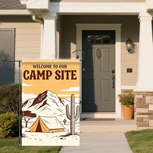 Image of Nuxovilar Camping Flag Fire Pit Garden Flag 12x18 Inches Polyester | Camping poster photo backdrop nature decoration outdoor flag yard lawn campground (Desert Mountain)