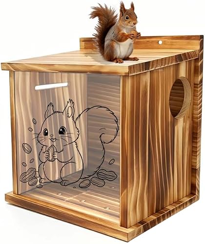 Squirrel House Squirrel Box Outdoor, Carbonized Wood, with Clear Acrylic Window,