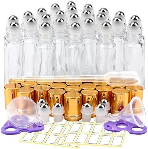 KAMOTA Essential Oil Roller Bottles, 24 Pack 10 ml Clear Glass Roller Bottles with Golden Lids and Stainless Steel Roller Balls (6 Extra Roller Balls, 30 Labels, 2 Opener, 2 Funnels, 2 Dropper)