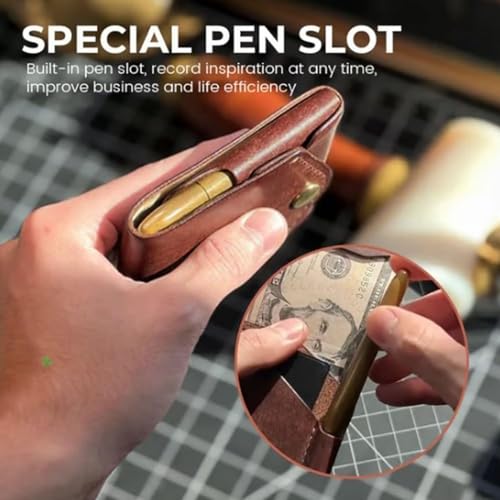Vintage Handmade Leather Wallet, For Cash Business Card Holder, Built-In Pen Slot (Wallet+pen, 2PC)2