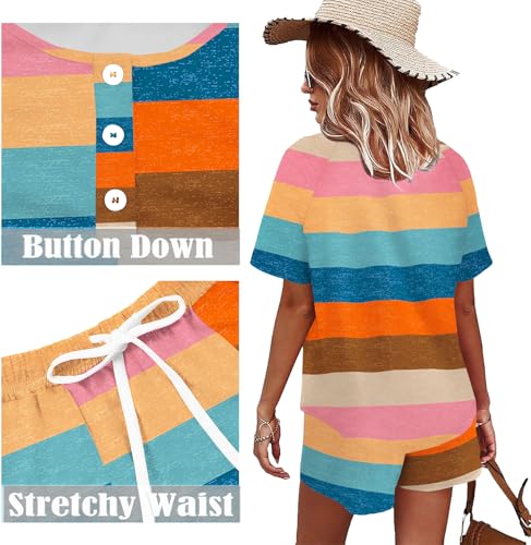 Image of WIHOLL Two Piece Outfits for Women Lounge Sets Button Down Top and Shorts Set Sweatsuits with Pockets