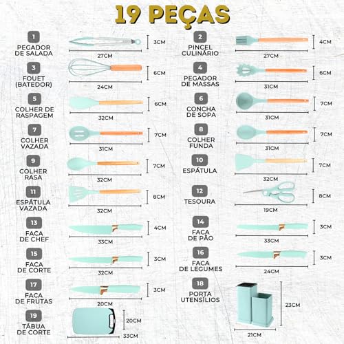 Kit Utensílios de Cozinha 19 Peças Conjunto Completo em Silicone com Cabo de Madeira Antiaderente co